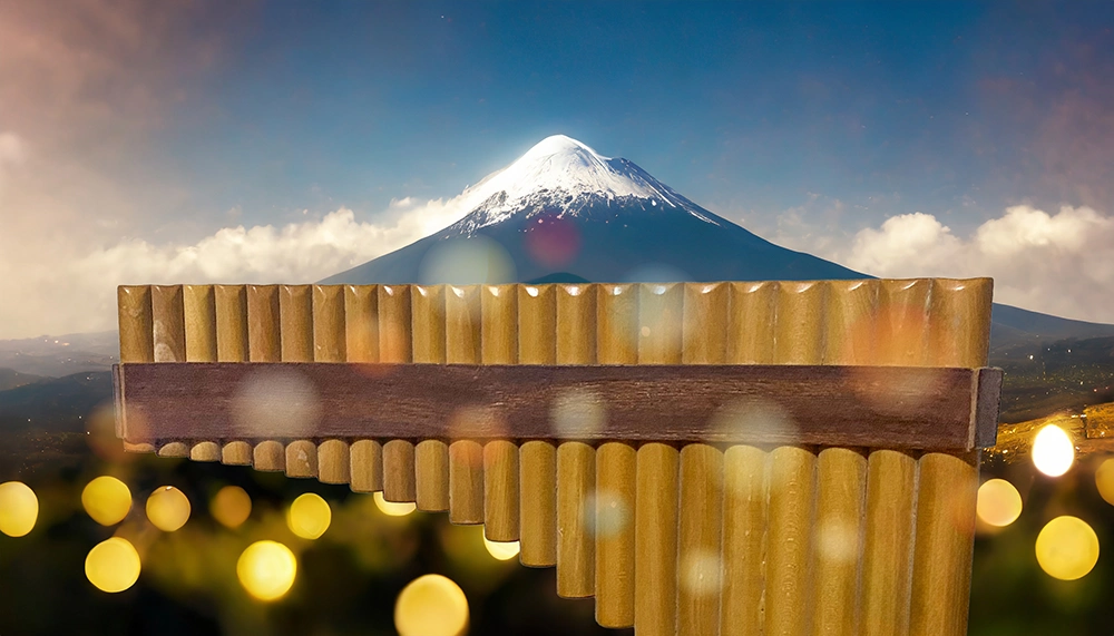 Flauta de pan colocada frente al Monte Fuji con luces de fondo cálidas